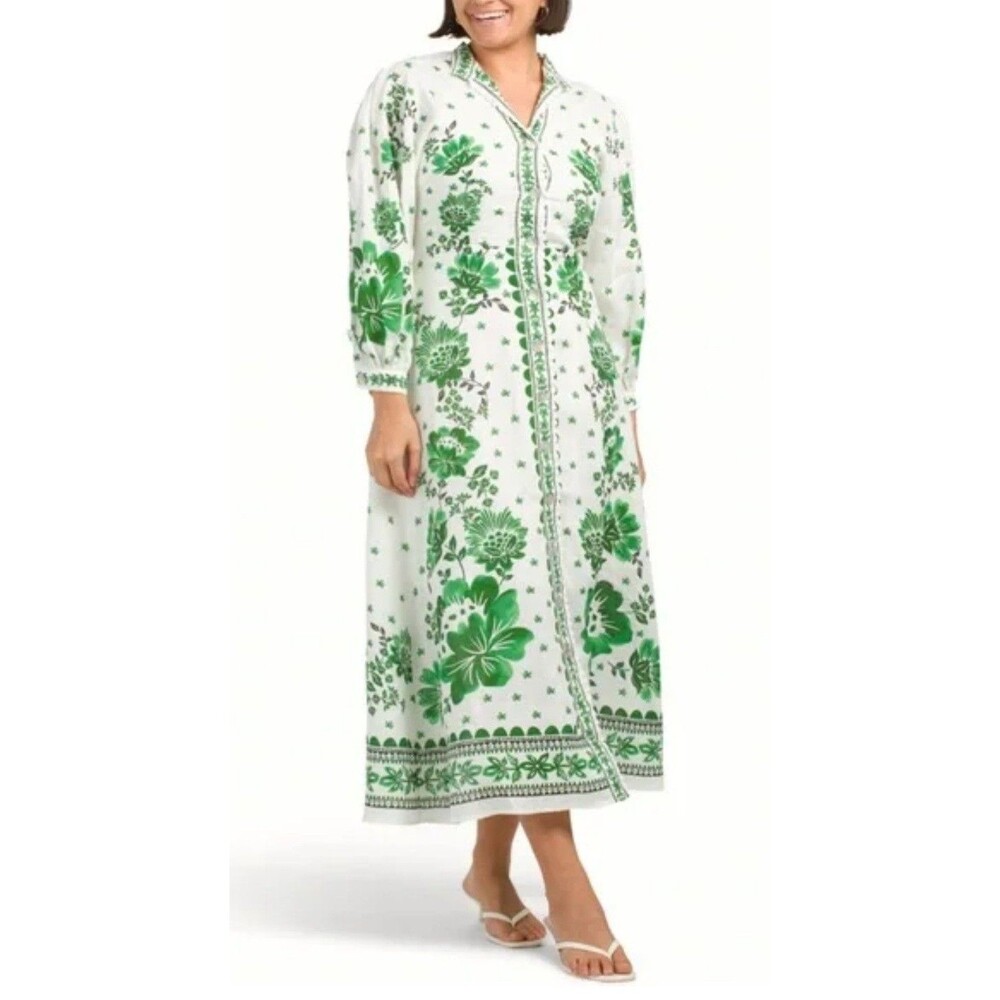 Nwt Magaschoni  Floral Forest Soul Green White 100% Linen Maxi Shirt Dress S/P